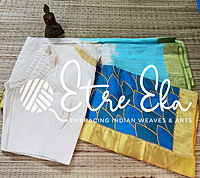 Kerala Saree from Balaramapuram with Stitched Crew Neck Blouse-Large. 2 inches Plain Gold ZARI with SILK Applique Work- Lotus Petal Pattern- Peacock Blue Silk-Ombre Dyed.