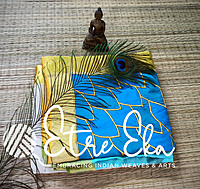 Kerala Saree from Balaramapuram with Stitched Crew Neck Blouse-Large. 2 inches Plain Gold ZARI with SILK Applique Work- Lotus Petal Pattern- Peacock Blue Silk-Ombre Dyed.