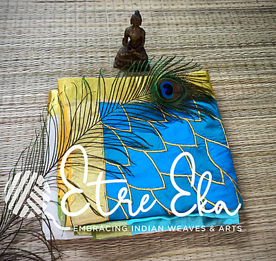 Kerala Saree from Balaramapuram with Stitched Crew Neck Blouse-Large. 2 inches Plain Gold ZARI with SILK Applique Work- Lotus Petal Pattern- Peacock Blue Silk-Ombre Dyed.