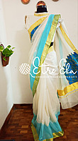 Kerala Saree from Balaramapuram with Stitched Crew Neck Blouse-Large. 2 inches Plain Gold ZARI with SILK Applique Work- Lotus Petal Pattern- Peacock Blue Silk-Ombre Dyed.