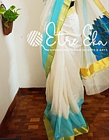 Kerala Saree from Balaramapuram with Stitched Crew Neck Blouse-Large. 2 inches Plain Gold ZARI with SILK Applique Work- Lotus Petal Pattern- Peacock Blue Silk-Ombre Dyed.