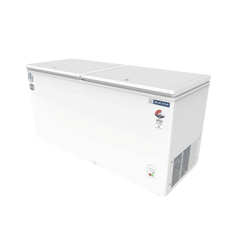 Blue Star CF3-400MPW Deep Freezer with One Door Open, Displaying Frozen Food