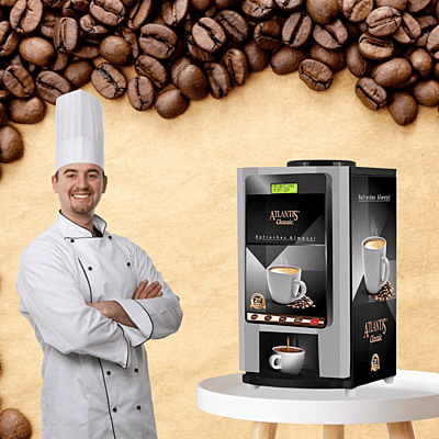 The trusted Atlantis brand logo on the front of the Classic 2 lane tea and coffee vending machine. The trusted Atlantis brand logo on the front of the Classic 2 lane tea and coffee vending machine.