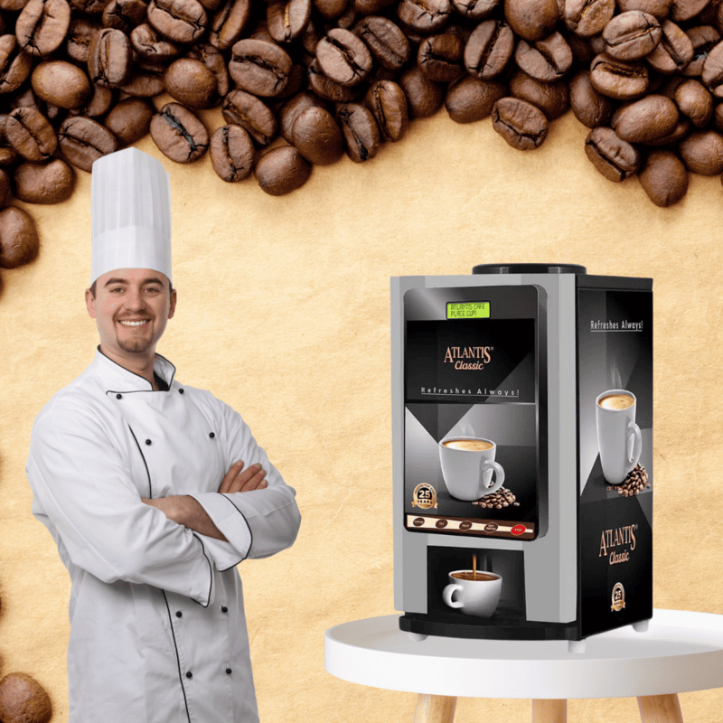 Side profile of the durable, powder-coated body of the Atlantis Classic 2 lane coffee maker.