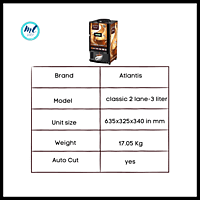 Atlantis Classic 2 lane Tea and Coffee vending machine specification chart Atlantis Classic 2 lane Tea and Coffee vending machine specification chart
