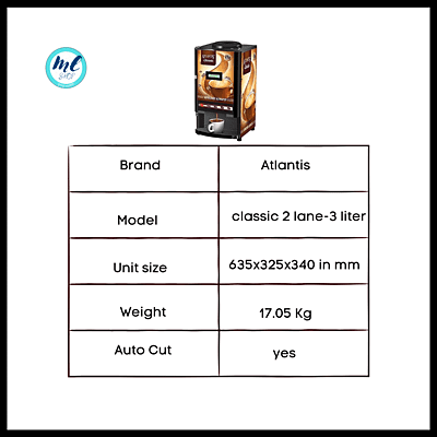 Atlantis Classic 2 lane Tea and Coffee vending machine specification chart
