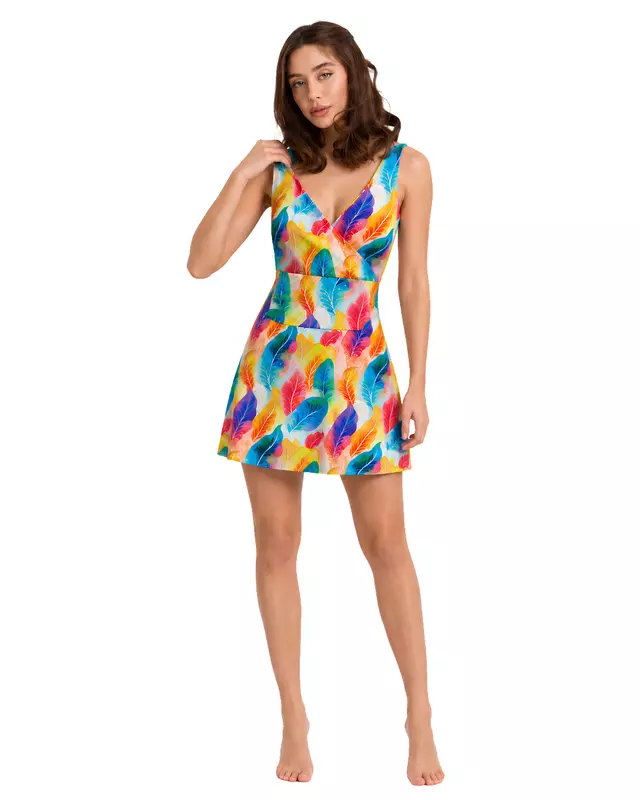 Women's Colorful Feather Print V-Neck Swim Dress