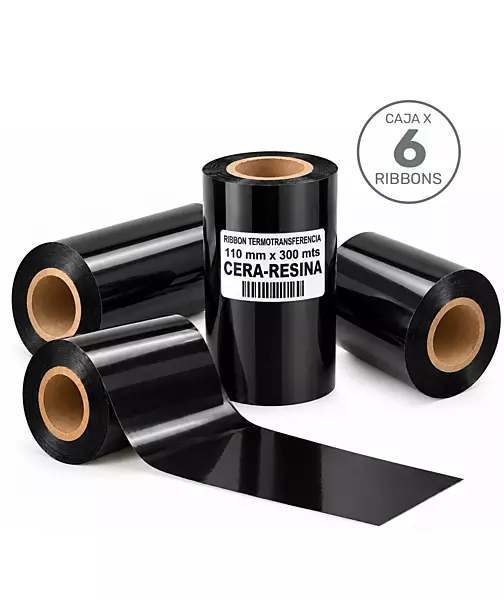Caja de 6 ribbons de cera-resina negros de 110 mm x 300 m para transferencia térmica