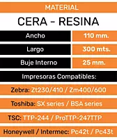 Ficha del ribbon cera-resina 110 mm x 300 m: buje 25 mm, para Zebra, Toshiba, TSC y Honeywell