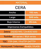 Ficha del ribbon cera 110 mm x 300 m: buje 25 mm, para Zebra, Toshiba, TSC y Honeywell