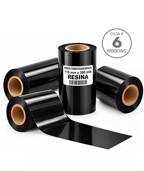 Caja de 6 ribbons de resina negros de 110 mm x 300 m para transferencia térmica
