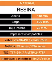Ficha del ribbon resina 110 mm x 300 m: buje 25 mm, para Zebra, Toshiba, TSC y Honeywell