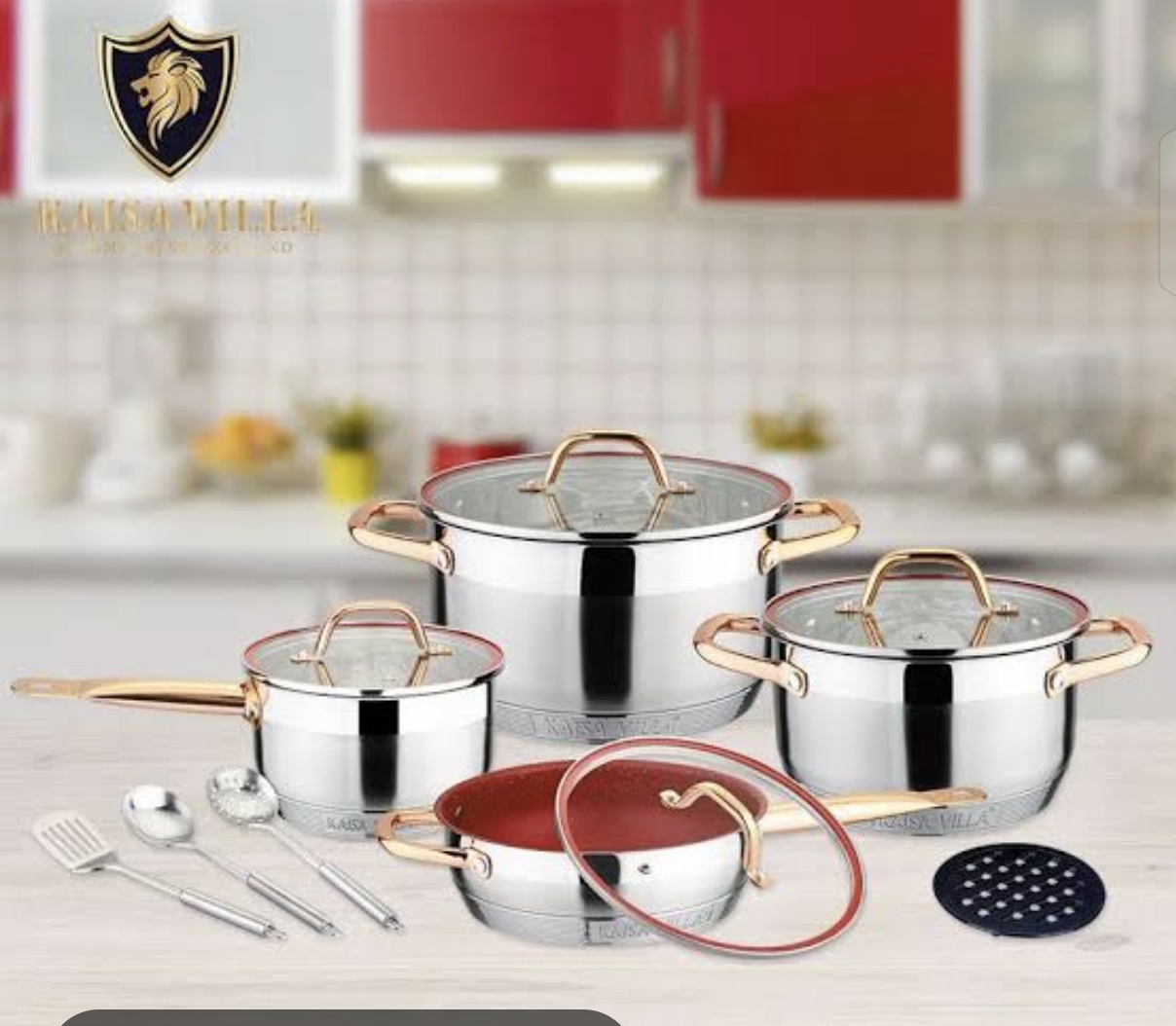 12PIECES STAINLESS STEEL POT - HEAVY DUTY KV - 6636 3POTS+1FRYPAN+2 UTENSILS + BAKELITE MAT