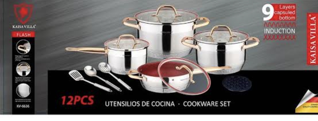 12PIECES STAINLESS STEEL POT - HEAVY DUTY KV - 6636 3POTS+1FRYPAN+2 UTENSILS + BAKELITE MAT