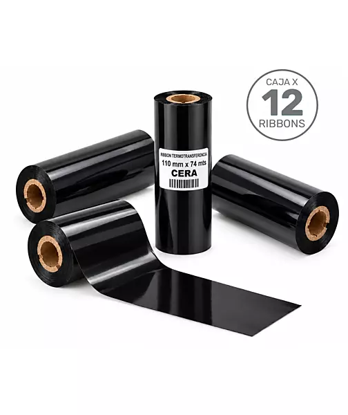 Caja de 12 ribbons de cera negros de 110 mm x 74 m para transferencia térmica