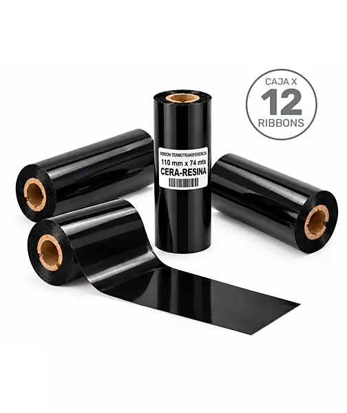 Caja de 12 ribbons de cera-resina negros de 110 mm x 74 m para transferencia térmica
