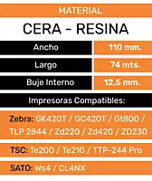 Ficha del ribbon cera-resina 110 mm x 74 m: buje 12,5 mm, para Zebra, TSC y SATO
