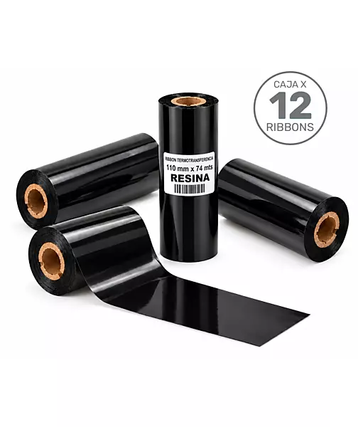Caja de 12 ribbons de resina negros de 110 mm x 74 m para transferencia térmica