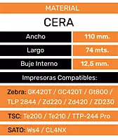 Ficha del ribbon cera 110 mm x 74 m: buje 12,5 mm, para Zebra, TSC y SATO