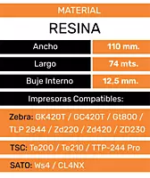 Ficha del ribbon resina 110 mm x 74 m: buje 12,5 mm, para Zebra, TSC y SATO