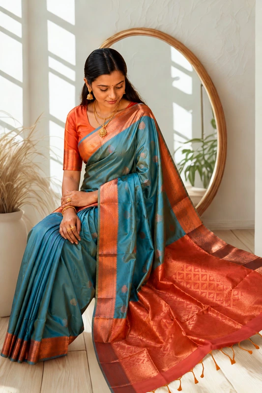 Premium Soft Silk Golden Mix Skyblue With Orange