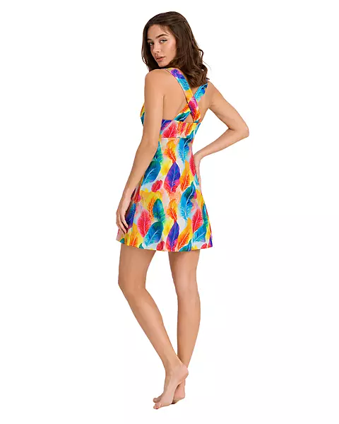 Women's Colorful Feather Print V-Neck Swim Dress