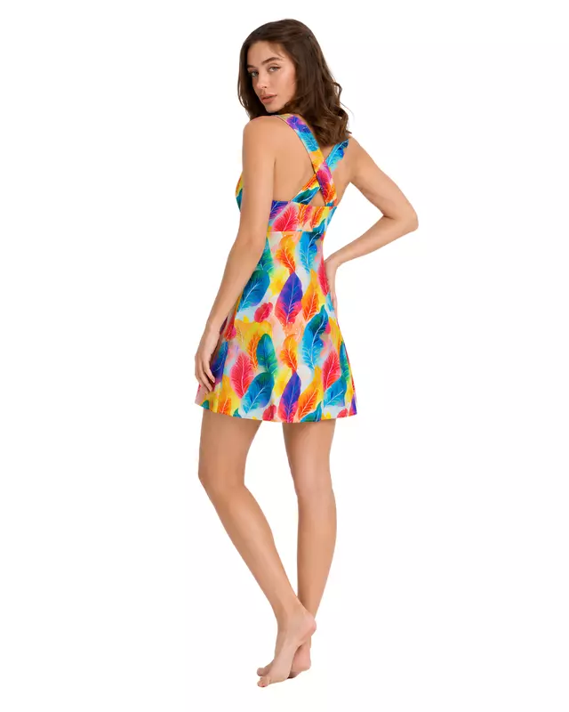 Women's Colorful Feather Print V-Neck Swim Dress