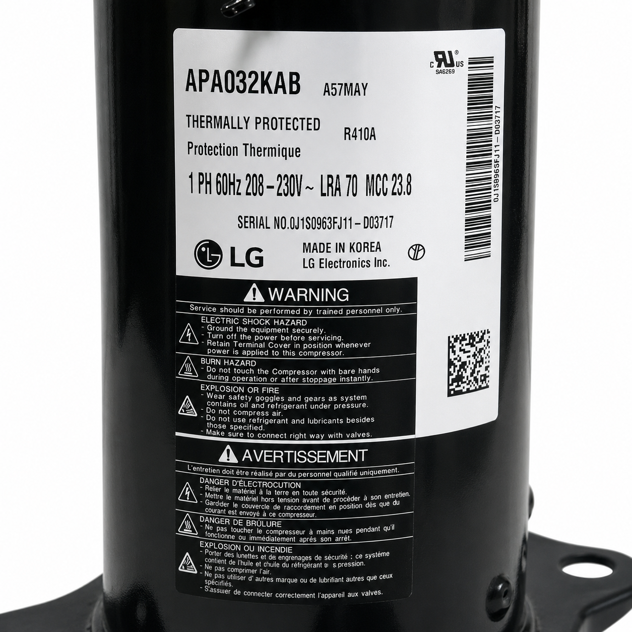Compresor Mirage 3 Ton 220V, 1 Fase, R410A, Mod: APA032KAB MARCA:LG - 11102010000348