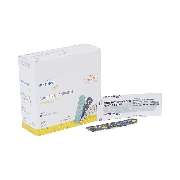 McKesson Kids Plastic Adhesive Strip Bandage 3/4" x 3" Assorted Prints Sterile (BX/100EA)