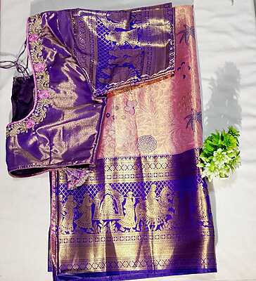 J271: Ready To Ship Beautiful Semi Kanchipaatu pink Saree With Stitched Embroidery Work Blouse