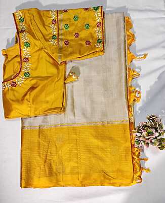 J196: Ready To Ship Beautiful Pure Kanchipattu Saree With Stitched Embroidery Work  Blouse