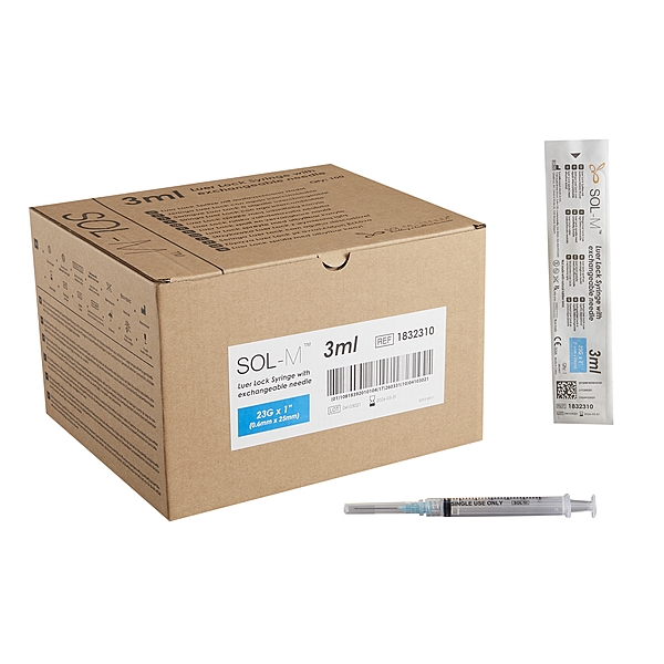 Sol-M™ Standard Hypodermic Syringe with Needle 3 mL 23 Gauge 1 Inch NonSafety Sol-M™ Standard Hypodermic Syringe with Needle 3 mL 23 Gauge 1 Inch NonSafety