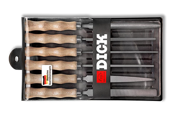 Set of key files, 6 shapes with undulated wooden handle in pouch 11871020