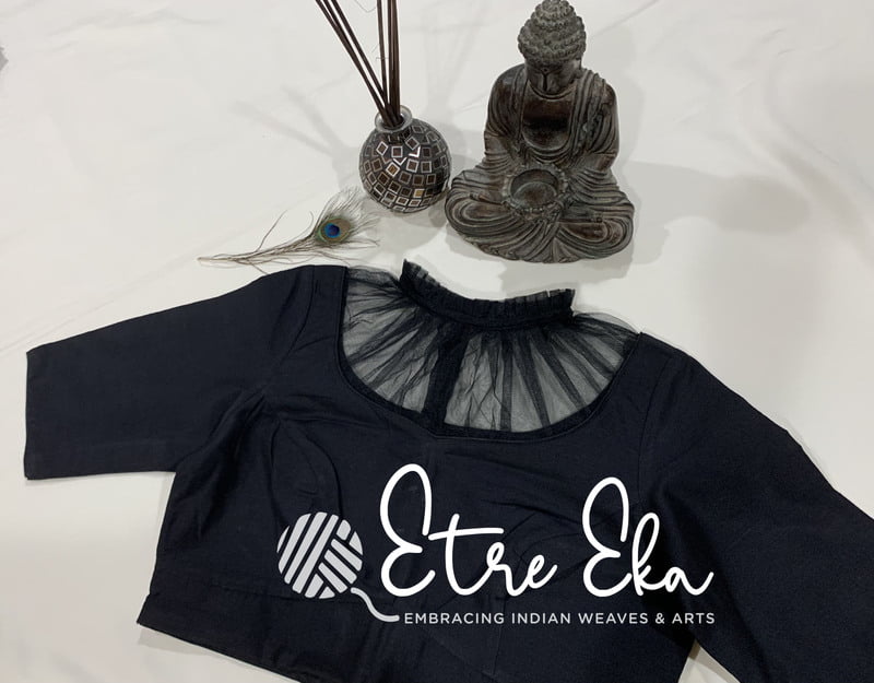 Saree Blouse.Beautiful Designer Slub Cotton Blouse-Black. High Neck with Net frills. Back Open