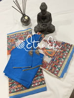 Kerala Set Saree with Gold and Light Blue Border-Madhubani Handpainted Set and Mundu Kerala Set Saree with Gold and Light Blue Border-Madhubani Handpainted Set and Mundu