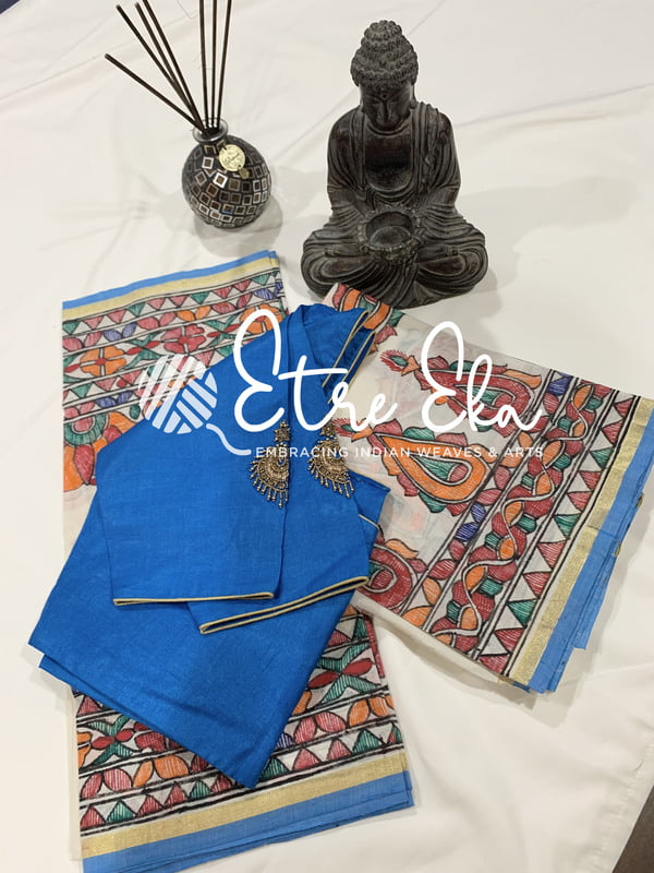 Kerala Set Saree with Gold and Light Blue Border-Madhubani Handpainted Set and Mundu Kerala Set Saree with Gold and Light Blue Border-Madhubani Handpainted Set and Mundu