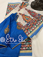 Kerala Set Saree with Gold and Light Blue Border-Madhubani Handpainted Set and Mundu Kerala Set Saree with Gold and Light Blue Border-Madhubani Handpainted Set and Mundu