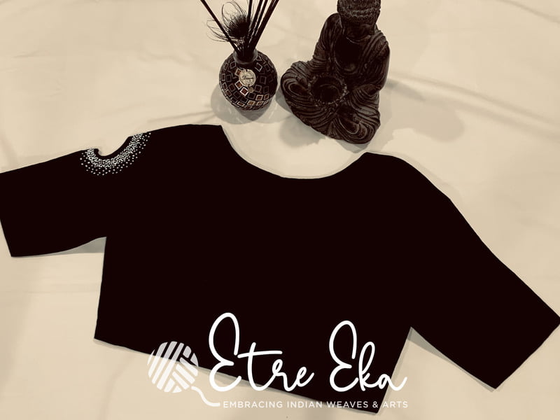 Saree Blouse.Beautiful Slub Cotton Blouse-Black. Boat Neck with Cut Work & Beads work on sleeves.