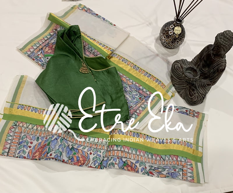 Kerala Set Saree with Gold and Light Green  Border-Madhubani Handpainted Set and Mundu