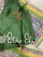 Kerala Set Saree with Gold and Light Green  Border-Madhubani Handpainted Set and Mundu