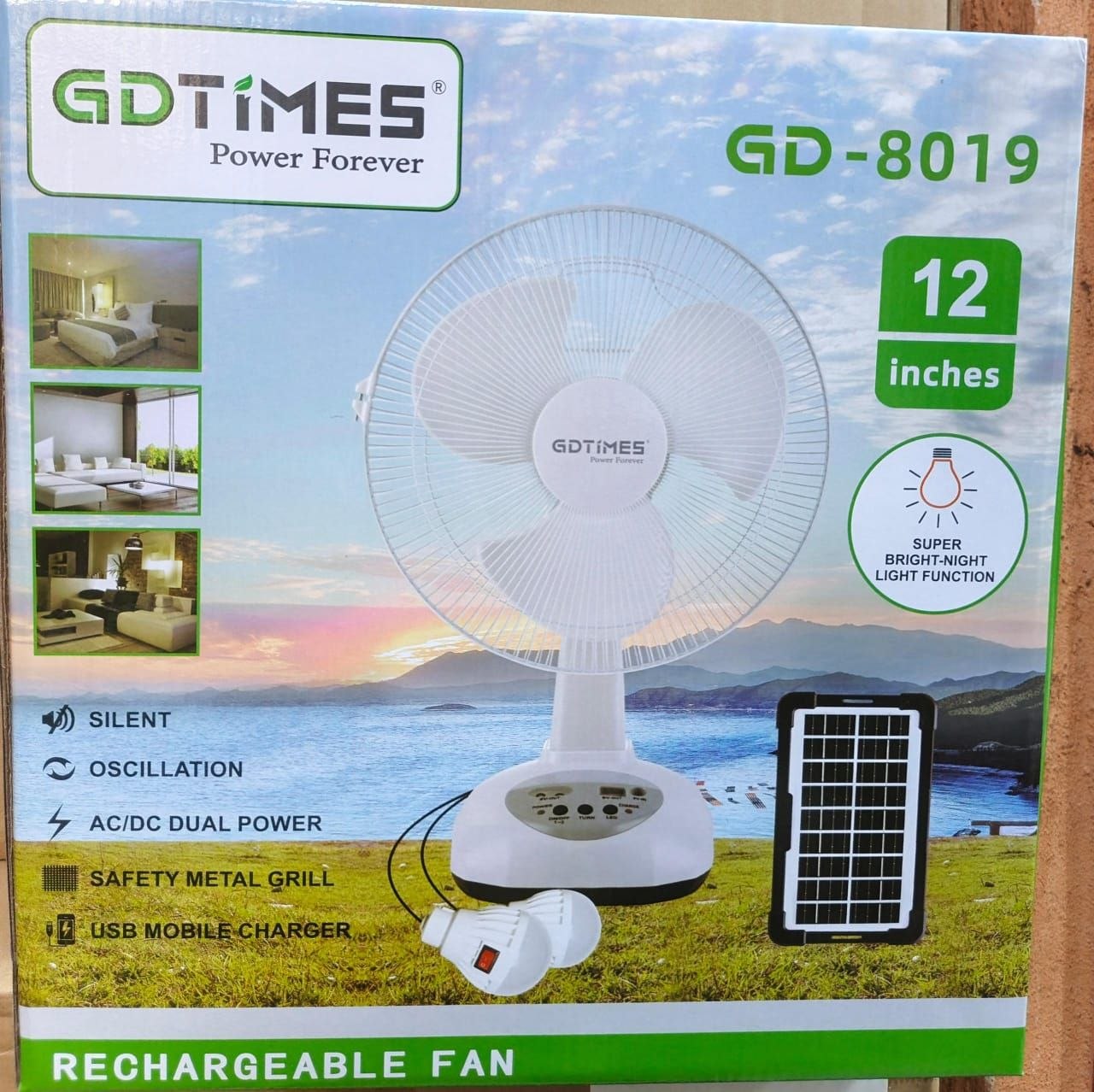 12 inches GDTimes solar rechargeable fan with 2 bulbs