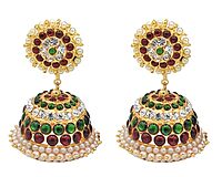 Temple Jewellery – Red, Green Kempstones & White Stones Jhumka/Jhimiki Earrings