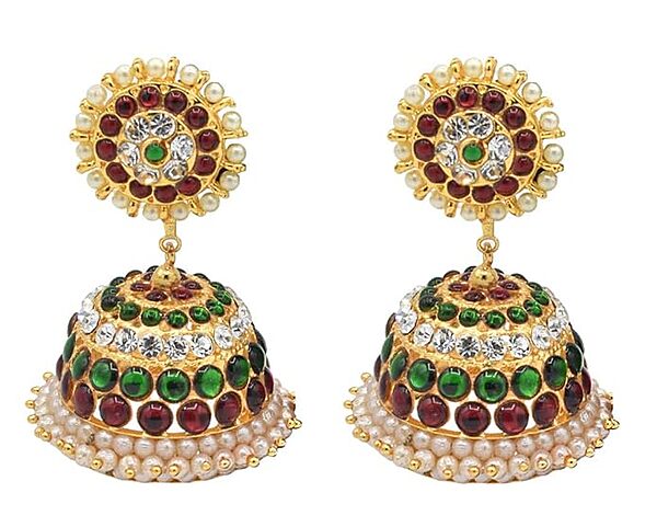 Temple Jewellery – Red, Green Kempstones & White Stones Jhumka/Jhimiki Earrings