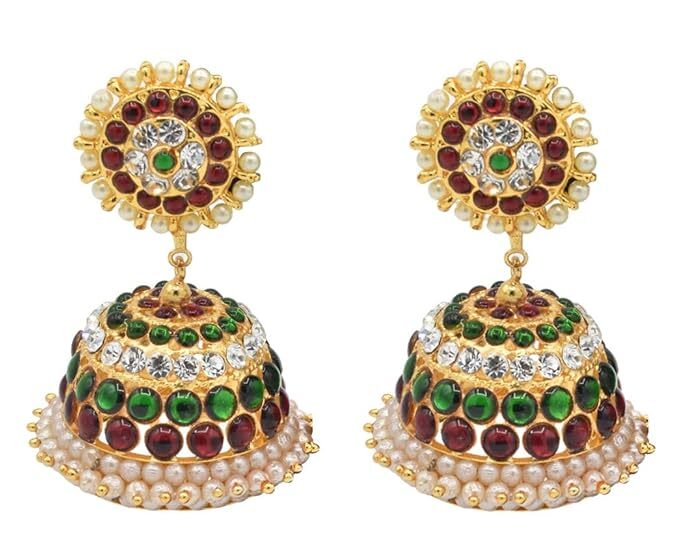 Temple Jewellery – Red, Green Kempstones & White Stones Jhumka/Jhimiki Earrings