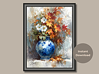 Fall Floral Still Life Print: Blue China Vase, Autumn Flowers (Digital Download)