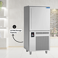 Spacious interior of a Blue Star BF15G Blast Freezer with multiple trays.