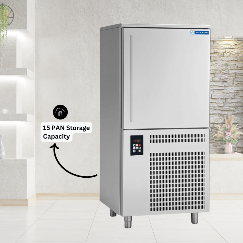 Spacious interior of a Blue Star BF15G Blast Freezer with multiple trays.