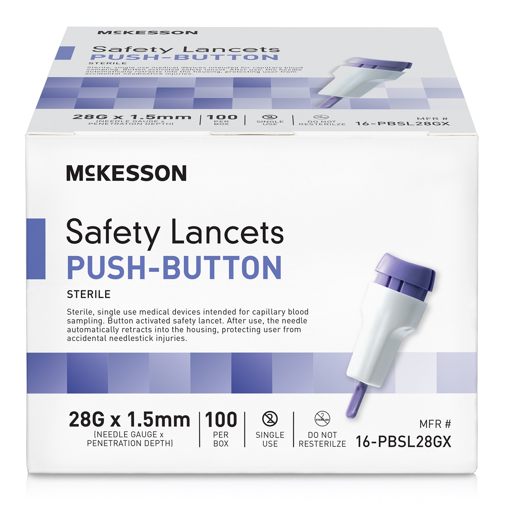McKesson Safety Lancets, 28G, Push Button, 1.5 mm Depth 