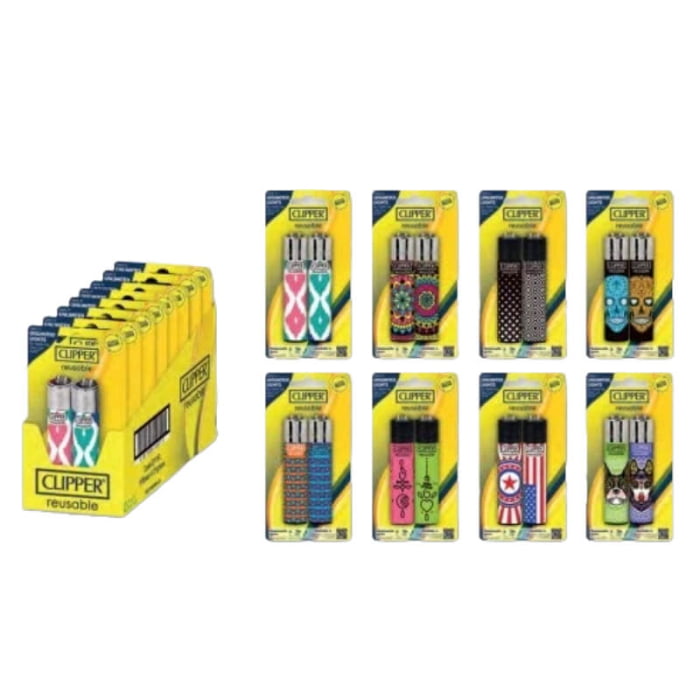 Clipper Lighter - 2 Lighters Per Blister Pack - 8PK DISPLAY (Assorted Designs)