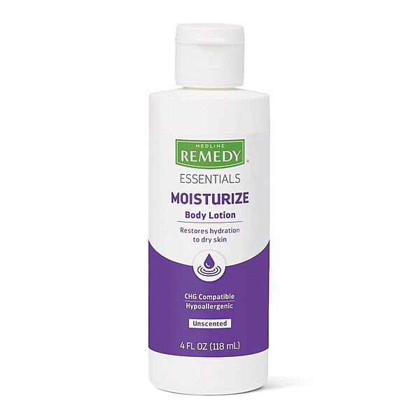 Medline Remedy® Essentials Moisturize Hand and Body Lotion, Unscented, CHG Compatible, 4 oz Bottle,